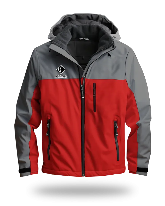 ChaquetasParka Corporativa plomo oscuro y rojo
