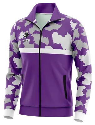 BUZO DEPORTIVO PERSONALIZADO BUZO ATLETICO MORELIA VISITA 2022 MORADO - GRIS - BLANCO - MANCHAS COD: 0100 .