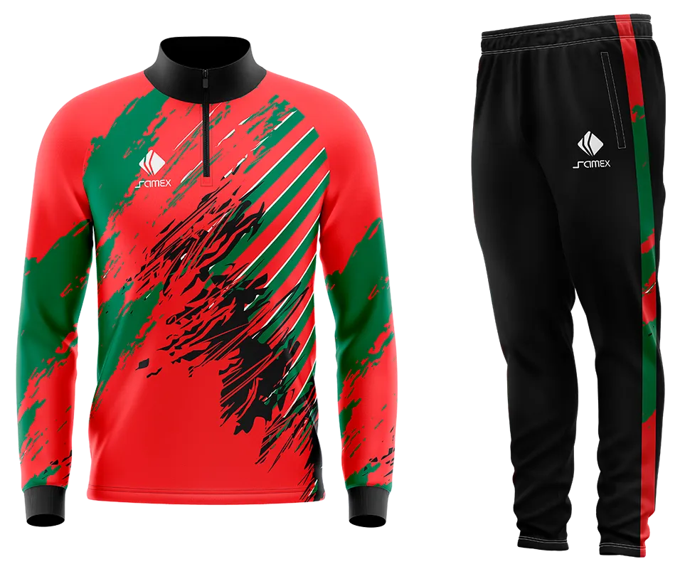 Conjunto Buzo Medio Cierre Cuello Alto ROJO FRANJAS VERDES - NEGRO COD 18