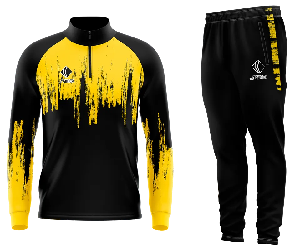 Conjunto Buzo Medio Cierre Cuello Alto ATLETICO DE MADRID CONCEPT NEGRO - AMARILLO - LINEAS COD 19