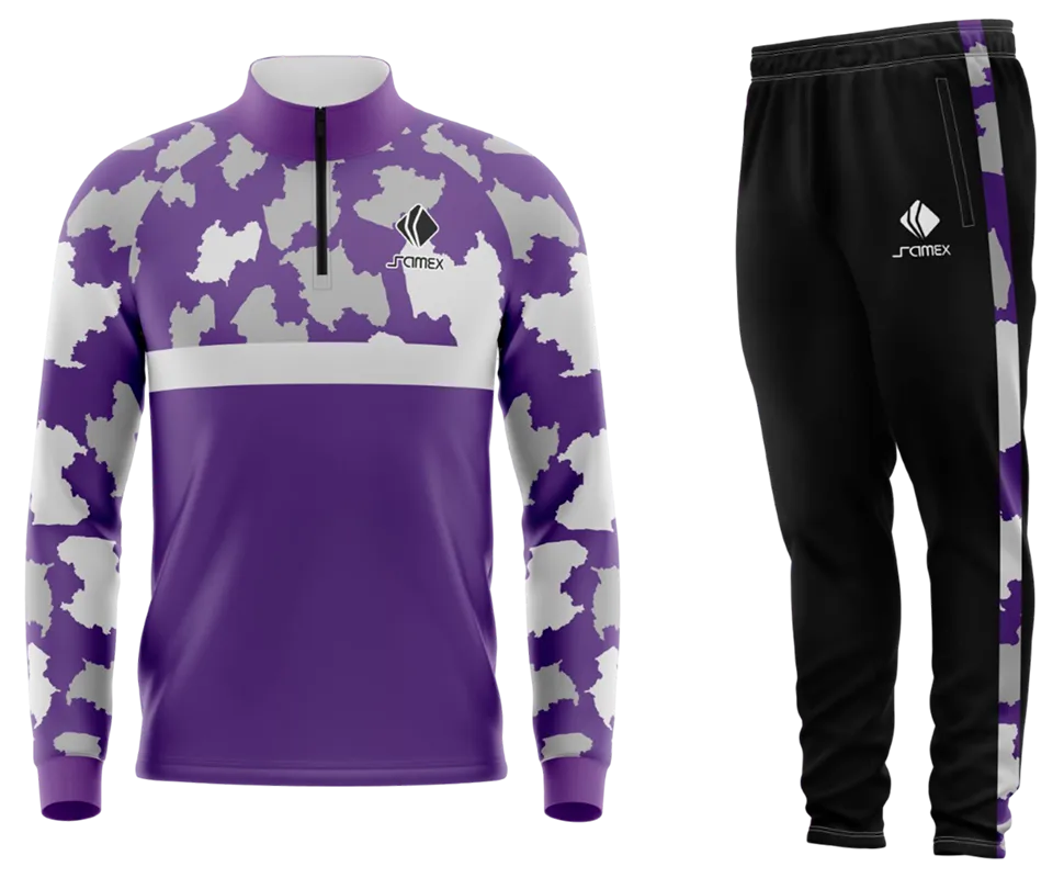 Conjunto Buzo Medio Cierre Cuello Alto ATLETICO MORELIA VISITA 2022 MORADO - GRIS - BLANCO - MANCHAS COD 100