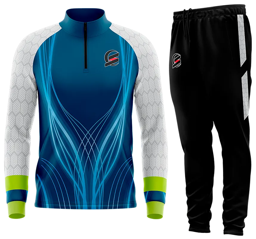 BUZO DEPORTIVO AZUL - LINEAS CELESTES - BLANCO - HEXAGONOS - FRANJA VERDE cod: 0126 .