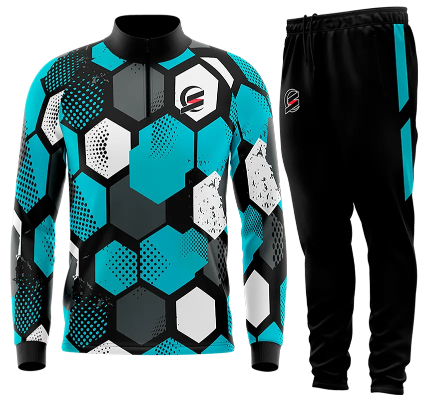 BUZO DEPORTIVO NEGRO - TURQUESA - BLANCO - HEXAGONOS - CIRCULOS cod: 0155 .