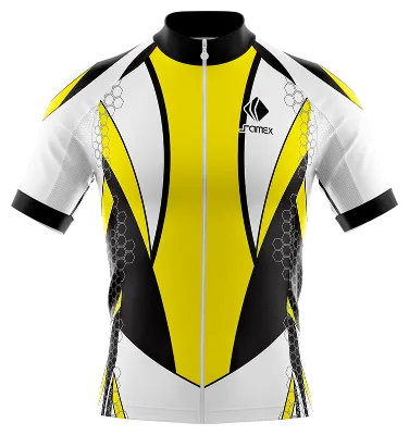 TRICOTA CICLISMO CAMISETA CICLISMO BLANCO - AMARILLO - NEGRO - FRANJAS TRIANGULARES COD: 0023 .