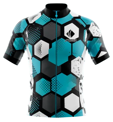 TRICOTA CICLISMO CAMISETA CICLISMO NEGRO - TURQUESA - BLANCO - HEXAGONOS - CIRCULOS COD: 0055 .