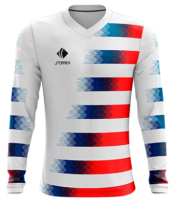 CAMISETA FUTBOL MANGA LARGA COD. 026 BLANCO FRANJAS ROJO - AZUL