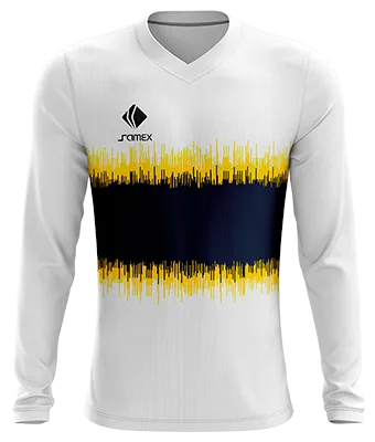 CAMISETA FUTBOL MANGA LARGA COD. 029 BLANCO - FRANJA AZUL - LINEAS AMARILLO