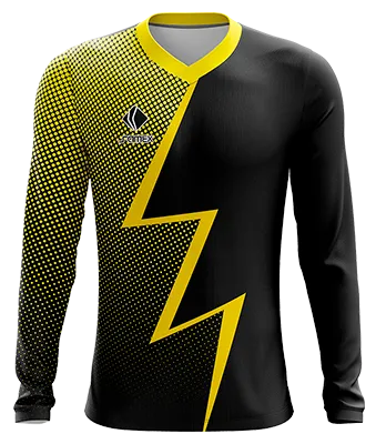 CAMISETA FUTBOL MANGA LARGA COD. 031 NEGRO - RAYO Y PUNTO AMARILLO