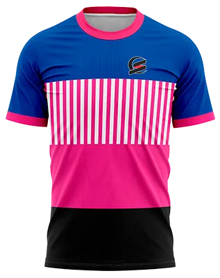 CAMISETA PADEL COD. 040 ROSADO - FRANJAS AZUL - NEGRO - LINEAS BLANCO