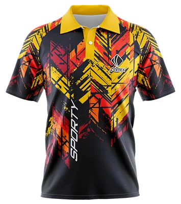 CAMISETA TENNIS CUELLO CAMISERO COD 0046 NEGRO - AMARILLO - ROJO - NARANJA - DISEÑO ABSTRACTO.