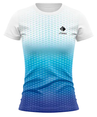 CAMISETA VOLEY FUTBOL DAMA CAMISETA BLANCO - CELESTE - AZUL - CIRCULOS - LINEAS COD: 0002 .