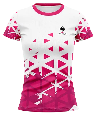 CAMISETA VOLEY FUTBOL DAMA CAMISETA BLANCO - ROSADO - TRIANGULOS COD: 0008 .