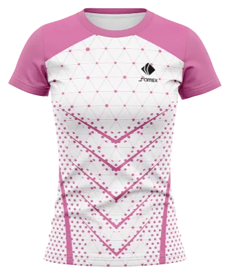CAMISETA VOLEY FUTBOL DAMA CAMISETA ROSADO - BLANCO - CIRCULOS - LINEAS COD: 0037 .