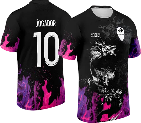 CAMISETA NEGRO - EFECTO FUEGO ROSADO CON MORADO - DRAGON BLANCO cod: 0118 .