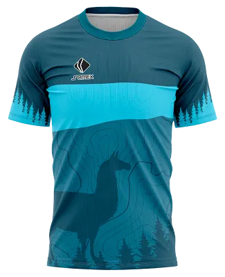 CAMISETA RUNNING COD. 051 AZUL - CELESTE - PINOS - LINEAS - LLAMA