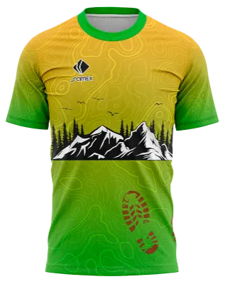 CAMISETA RUNNING COD. 057 AMARILLO - VERDE - LINEAS - MONTAÑAS - AVES - PINOS - HUELLA