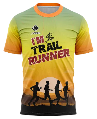 CAMISETA RUNNING COD. 061 AMARILLO - VERDE - LINEAS - ATARDECER - HOMBRES CORRIENDO