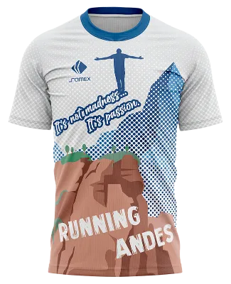 CAMISETA RUNNING COD. 068 BLANCO - GRIS - AZUL - PUNTOS - MONTAÑAS