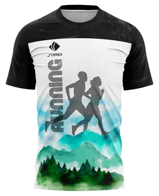 CAMISETA RUNNING COD. 069 NEGRO - BLANCO - PAISAJE ACUARELA - SILUETA CORREDORES