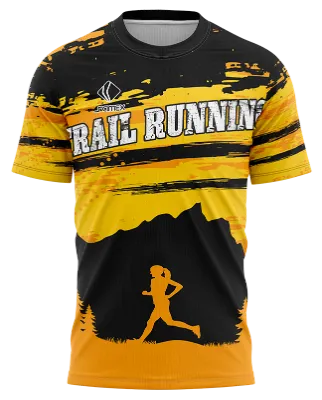 CAMISETA RUNNING COD. 078 AMARILLO - NEGRO - PINOS - CORREDORA SILUETA - TRAIL RUNNING