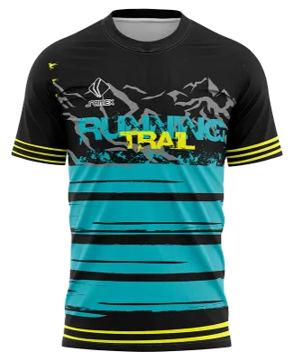 CAMISETA RUNNING COD. 083 NEGRO - FRANJAS CELESTE - LINEAS AMARILLAS - MONTAÑAS GRIS -RUNNING TRAIL