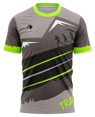 CAMISETA RUNNING COD. 085 GRIS - FRANJAS NEGRO - LINEAS VERDE - MONTAÑAS - CORREDORES