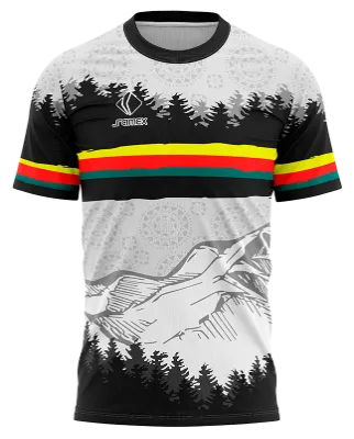 CAMISETA RUNNING COD. 086 BLANCO - MONTAÑAS NEGRO - FRANJAS - AMARILLO - ROJO - VERDE - MOTAÑAS RELIEVE