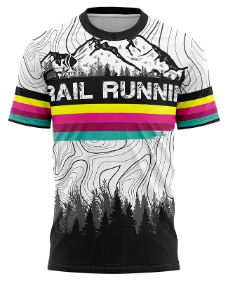 CAMISETA RUNNING COD. 088 BLANCO - LINEAS NEGRO - FRANJAS COLORES - PINOS - MONTAÑAS