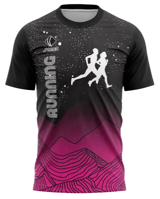 CAMISETA RUNNING COD. 094 NEGRO - ROSADO - MONTAÑAS LINEALES - CORREDORES