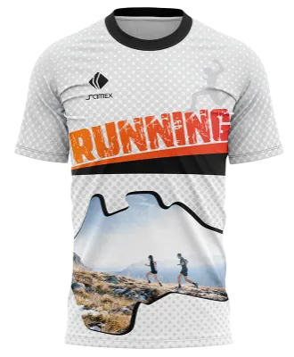 CAMISETA RUNNING COD. 101 BLANCO - PUNTOS GRIS - IMAGEN CORREDORES EN MONTAÑA