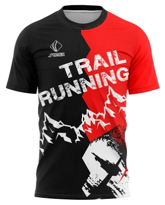 CAMISETA RUNNING COD. 105 NEGRO - ROJO - LINEAS MONTAÑAS BLANCO - TRAIL RUNNING
