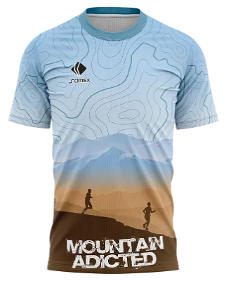 CAMISETA RUNNING COD. 107 CELESTE - LINEAS - MONTAÑAS - SILUETA CORREDORES