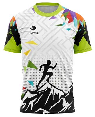 CAMISETA RUNNING COD. 108 BLANCO - MONTAÑAS NEGRO - TRIANGULOS COLORES
