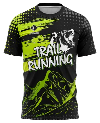 CAMISETA RUNNING COD. 112 NEGRO - VERDE - CIRCULOS GRIS - MONTAÑAS - TRAIL RUNNING