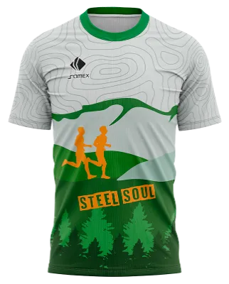 CAMISETA RUNNING COD. 114 VERDE - BLANCO - PINOS - SILUETA CORREDORES - STEEL SOUL