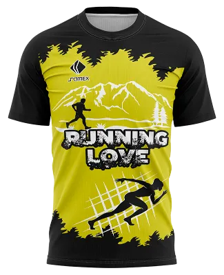 CAMISETA RUNNING COD. 119 AMARILLO - NEGRO - MONTAÑAS LINEALES BLANCO - SIELTAS CORREDORES - RUNNING LOVE
