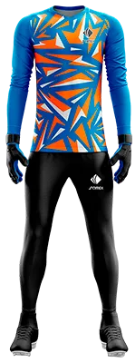 Conjunto Futbol Arqueros Cod 0052 CAMISETA CELESTE CON TRIANGULOS NARANJA CON BLANCO .