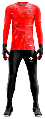 Conjunto Futbol Arqueros Cod 0068 CAMISETA ROJA CON LINEAS NEGRAS, BLANCAS Y AAMRILLO .