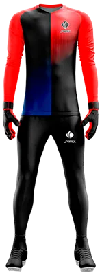 Conjunto Futbol Arqueros Cod 0073 CAMISETA ROJA CON FRANJA NEGRA Y AZUL .