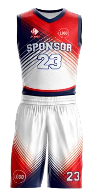 Conjuto basketball sublimada personalizado BLANCO - AZUL - ROJO - LINEAS COD: 0006 .