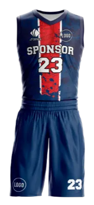 Conjuto basketball sublimada personalizado AZUL - ROJO - BLANCO - FRANJAS COD: 0012 .