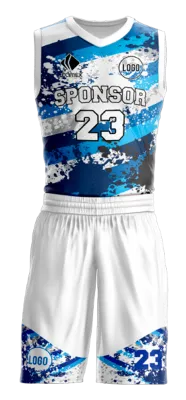 Conjuto basketball sublimada personalizado BLANCO - AZUL - CELESTE - FRANJAS COD: 0016 .