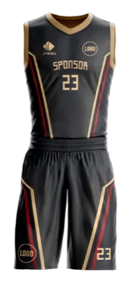 Conjuto basketball sublimada personalizado NEGRO - LINEAS - DORADO - ROJO COD: 0017 .