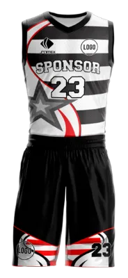 Conjuto basketball sublimada personalizado BLANCO - NEGRO - FRANJAS - ESTRELLA COD: 0020 .