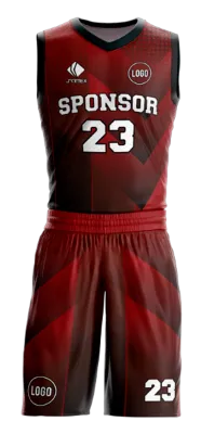 Conjuto basketball sublimada personalizado NEGRO - ROJO -FRANJAS TRIANGULARES COD: 0023 .