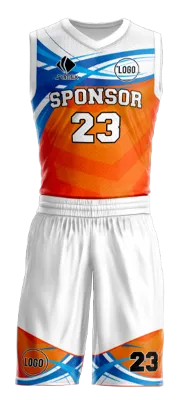 Conjuto basketball sublimada personalizado BLANCO - NARANJA - CELESTE FRANJAS TRIANGULARES COD: 0024 .