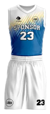 Conjuto basketball sublimada personalizado BLANCO - AZUL - AMARILLO - LINEAS COD: 0034 .