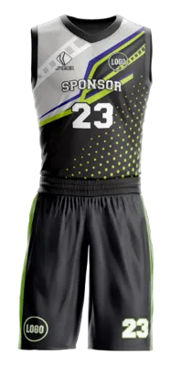 Conjuto basketball sublimada personalizado NEGRO - GRIS - PUNTOS VERDES - FRANJAS COD: 0037 .