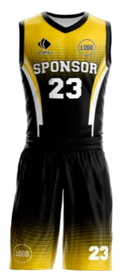 Conjuto basketball sublimada personalizado NEGRO - AMARILLO - FRANJAS CURVA BLANCO COD: 0039 .