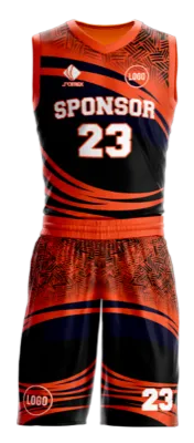 Conjuto basketball sublimada personalizado NEGRO - NARANJA - FRANJAS CURVA NARANJA - LINEAS COD: 0040 .